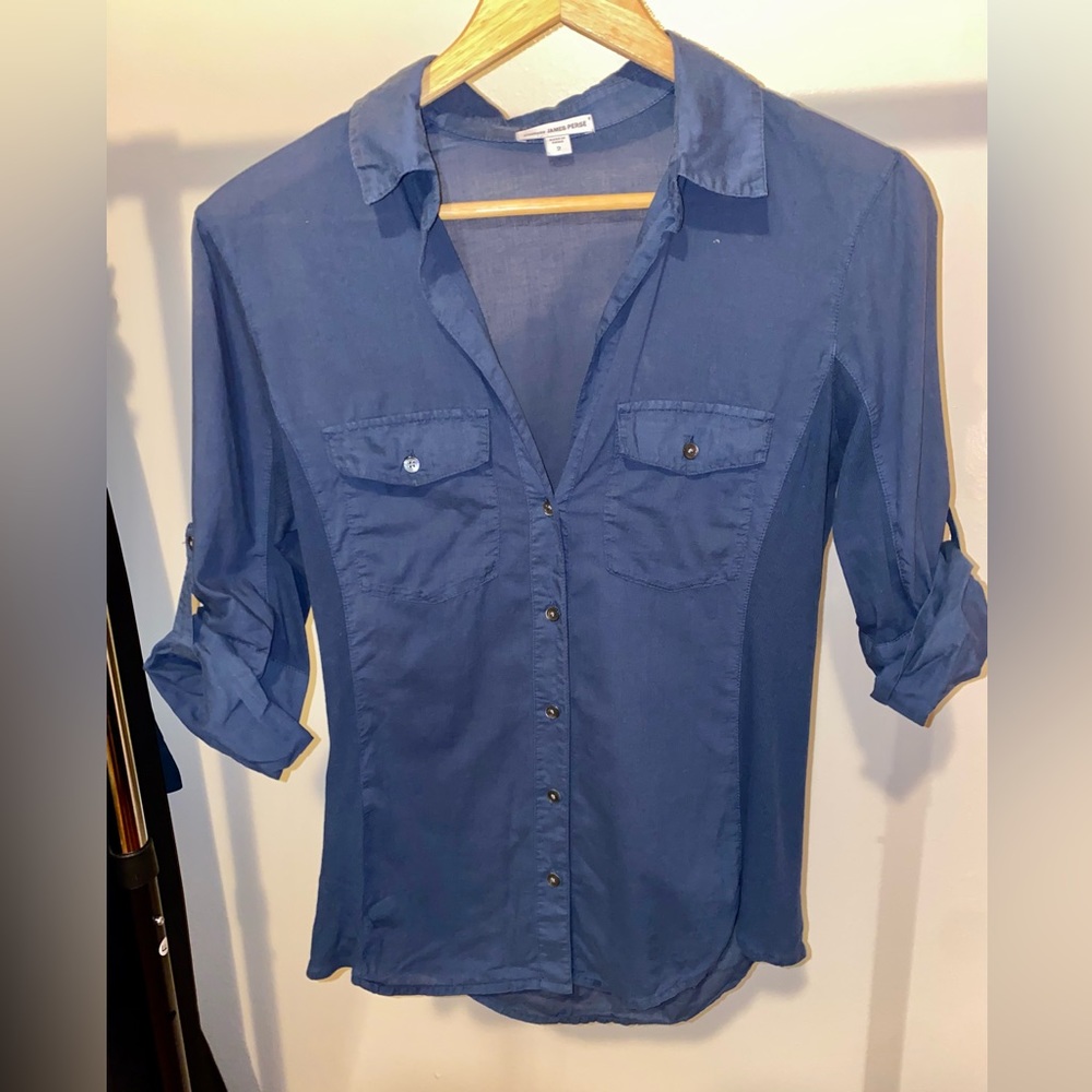 James Peres Navy Blue 3/4 Sleeve casual button up blouse